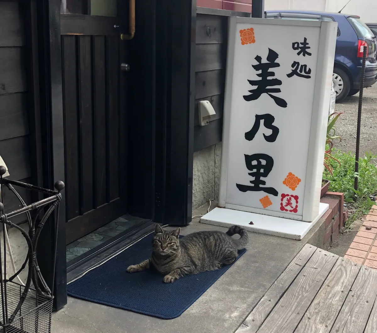 A Cat in Front of a Restaurant.
